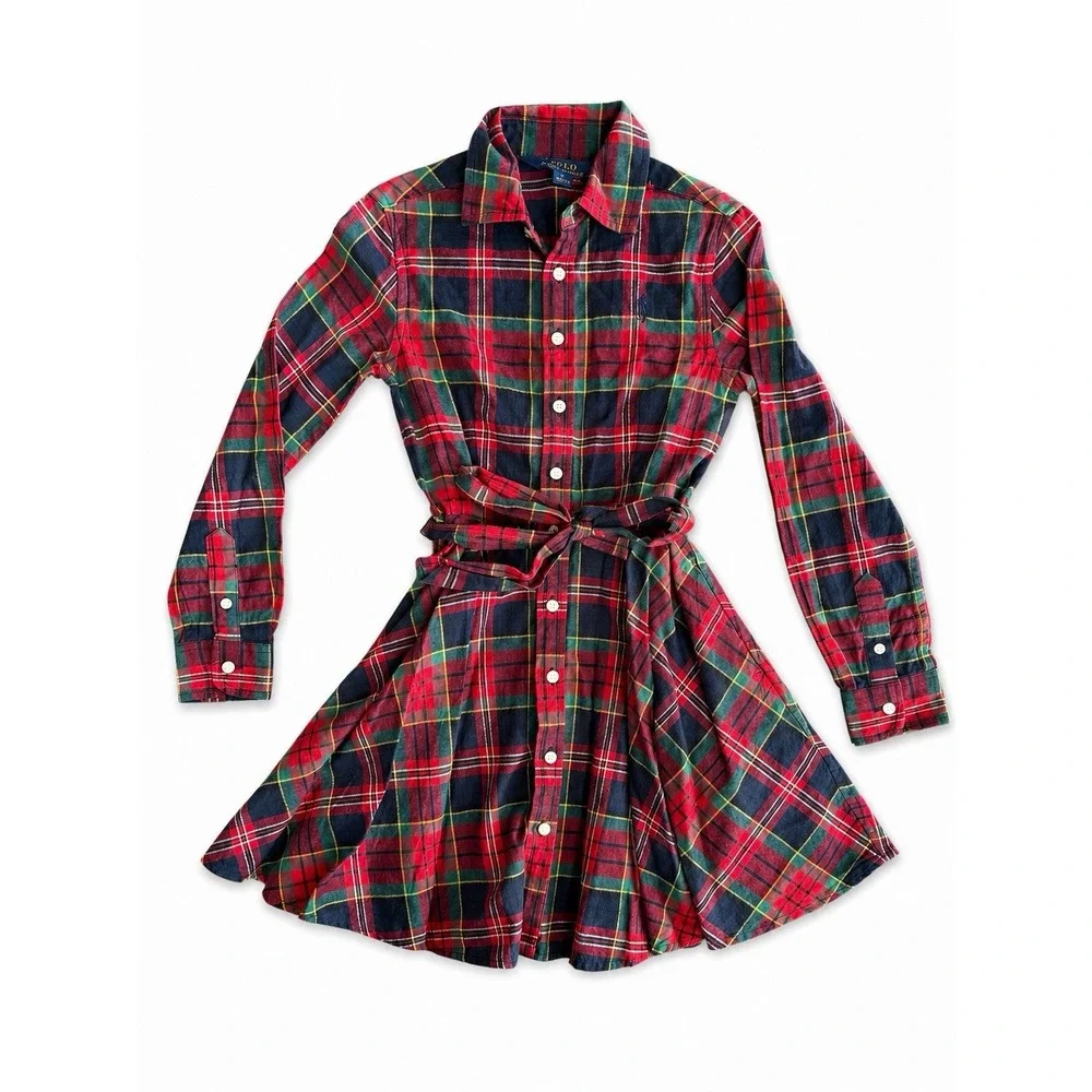 Polo Ralph Lauren Girls 7 Tartan Plaid Shirt Dress Red Green Flannel Belted